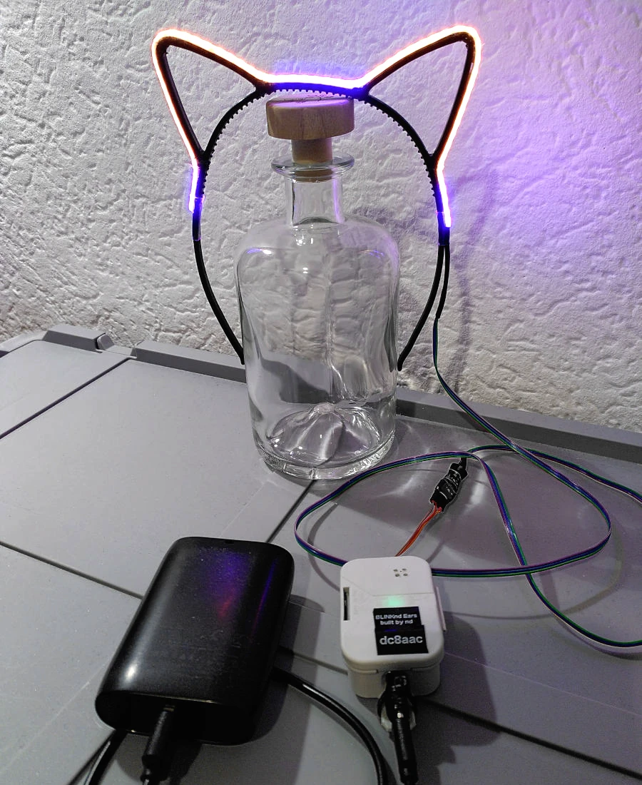Lit-up catears balanced on a glass bottle as a stand. In front of the bottle there is a white plastic box, connected to the catears and a black powerbank next to it.