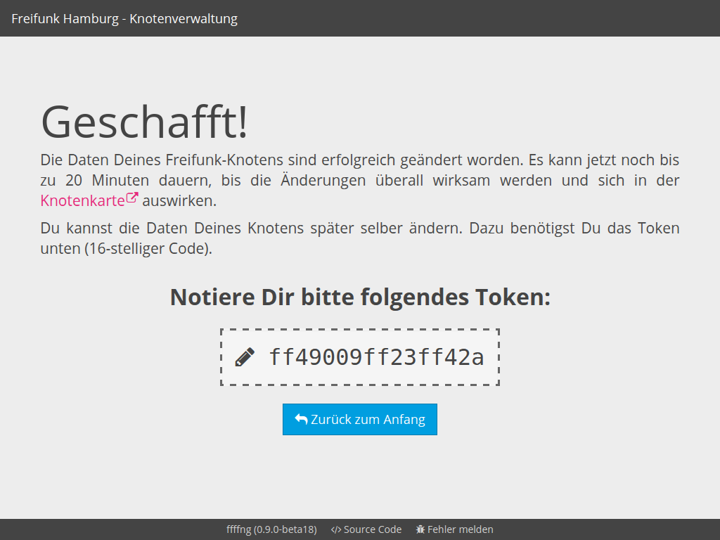 Bestätigungsseite nach dem Speichern