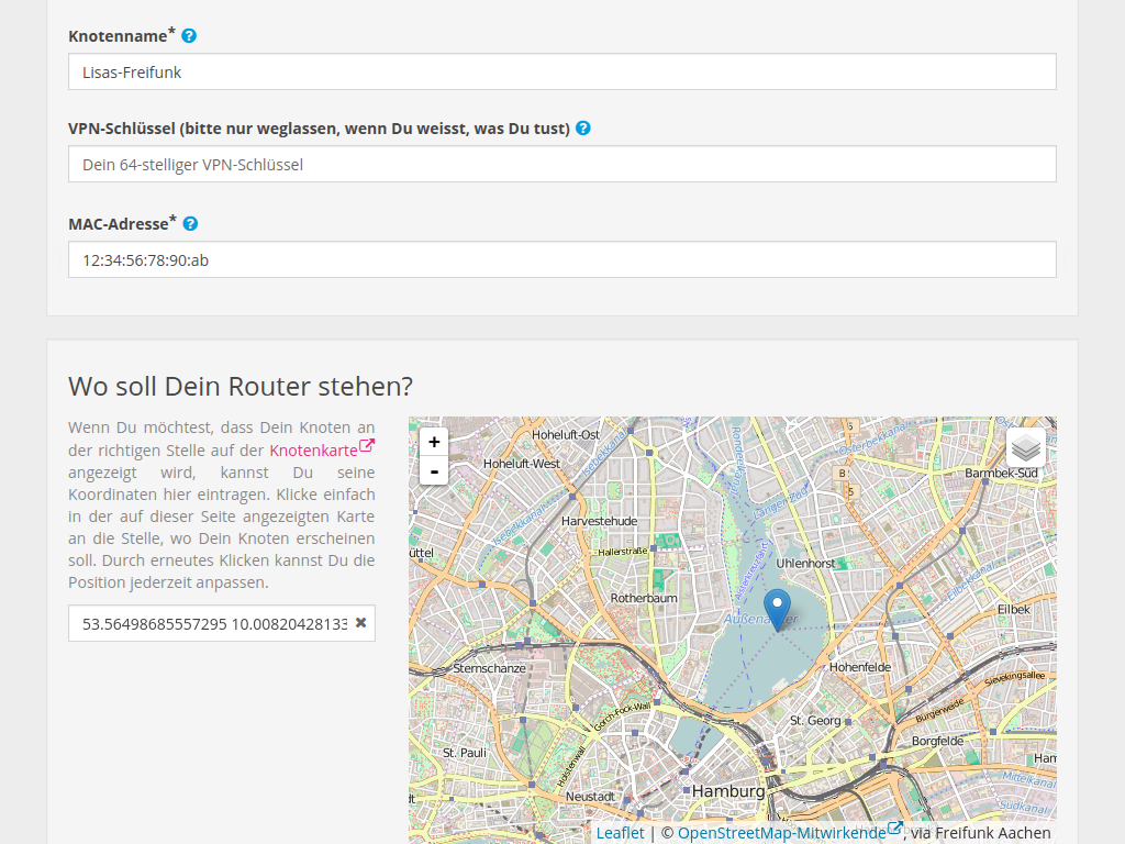 Formular zur Erfassung der Knotendaten